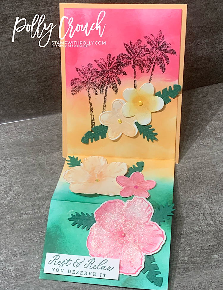 This is the fun fold card fully opened to show the sunset background and all the flowers.