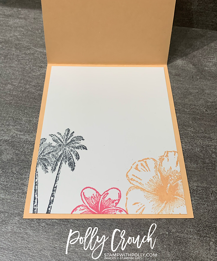 This is a photo of the inside of the card stamped with black palm trees and flowers on Polished Pink and Pale Papaya.
