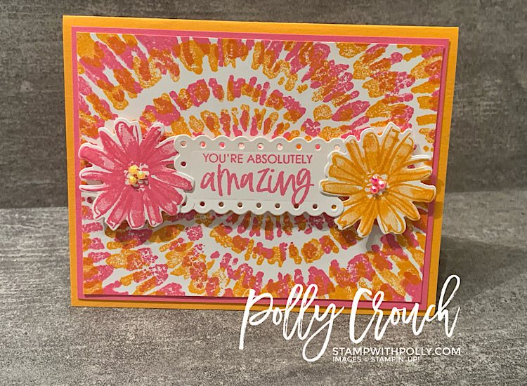 This is a picture of the finished product.  A Mango Melody, Polished Pink and Basic White card stamped the Spiral Dye background stamp and Color & Contour bundle.